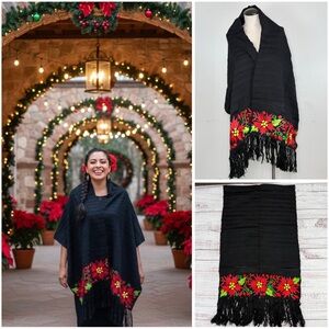 Mexican Embroidered Red Poinsettia Holiday Christmas Black Shawl Wrap Scarf